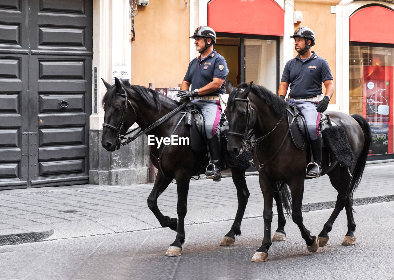 FULL LENGTH OF MAN RIDING HORSES ON STREET