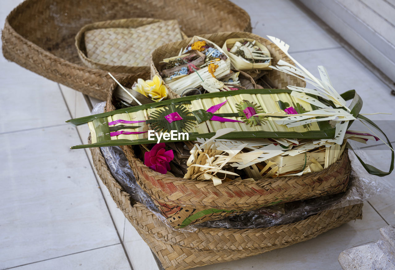 high angle view of food in wicker basket on table