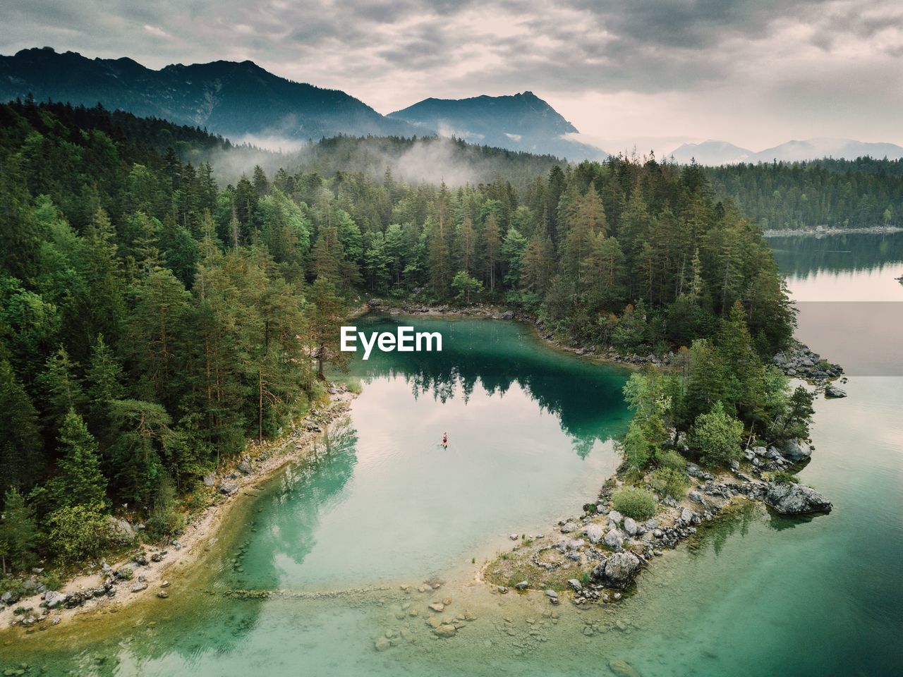 High angle view of lake amidst trees against sky