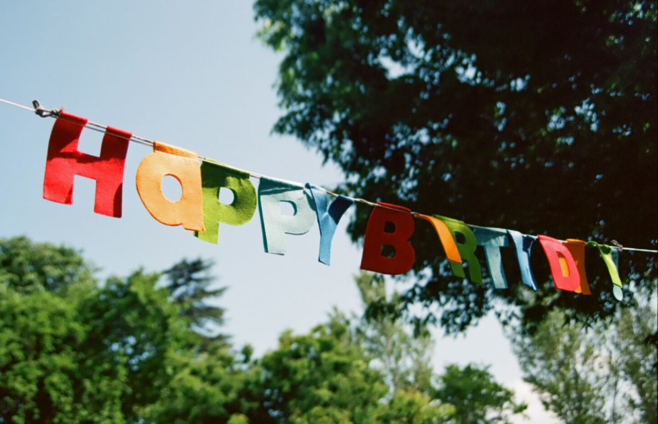 Low angle view of happy birthday banner against trees