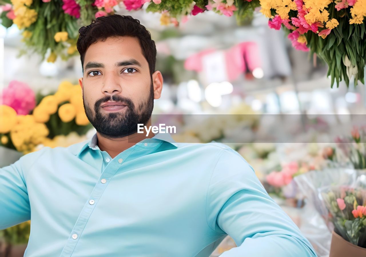 flowering plant, flower, plant, adult, one person, portrait, young adult, men, beard, floristry, nature, business, business finance and industry, facial hair, beauty in nature, looking at camera, freshness, smiling, emotion, happiness, small business, lifestyles, entrepreneur, retail, waist up, floral design, outdoors, person, casual clothing, front view, spring, occupation, springtime, looking, flower shop, cheerful, ceremony
