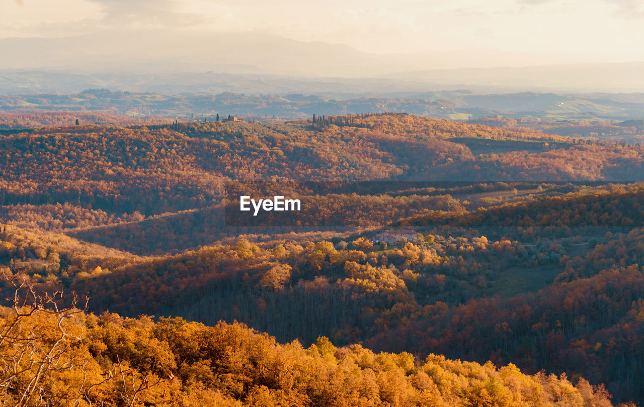 High angle view of trees and mountains during autumn