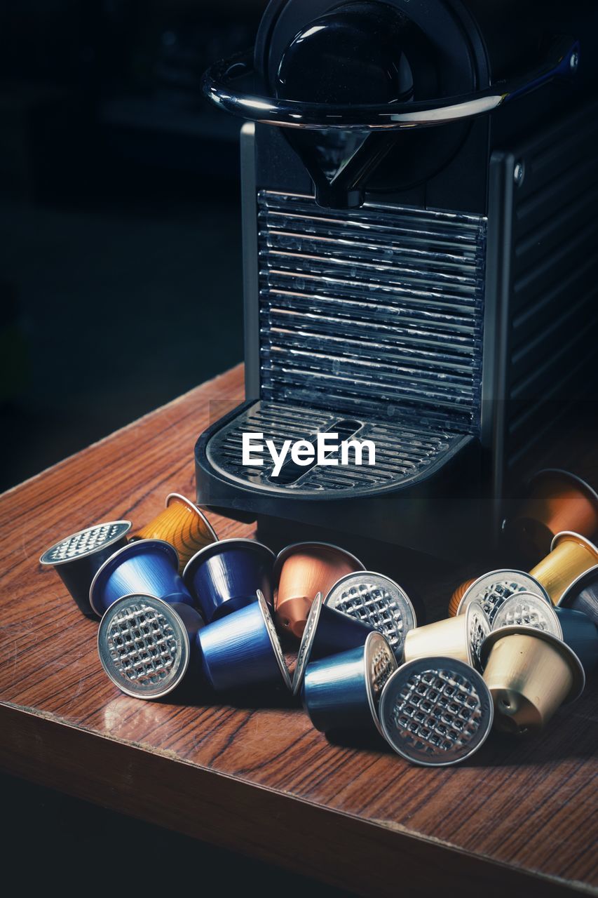 High angle view of coffee machine on table