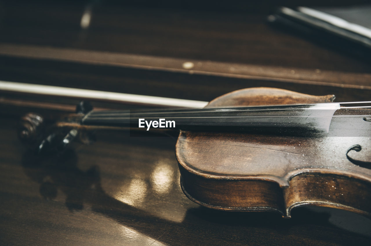 High angle view of violin on table