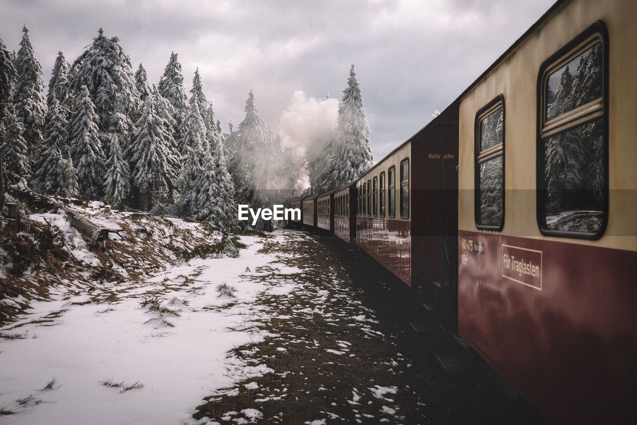 Steam train passing by snow covered trees