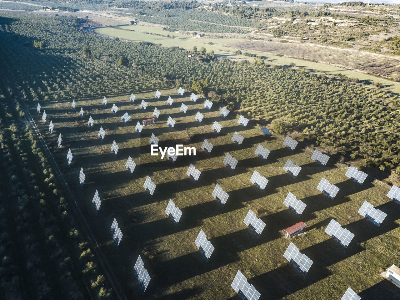 Aerial view of solar panels in a rural landscape in spain