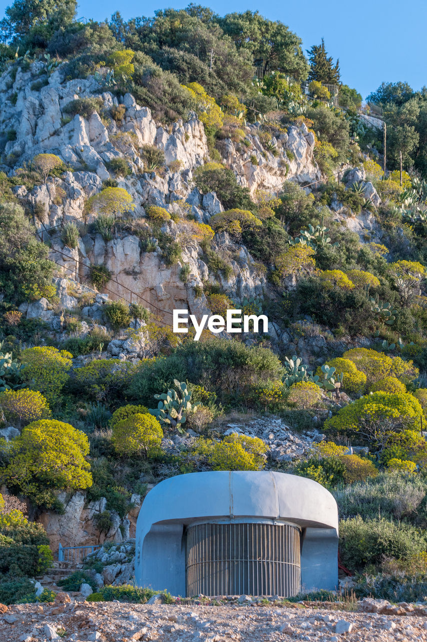 Built structure by rocks against trees