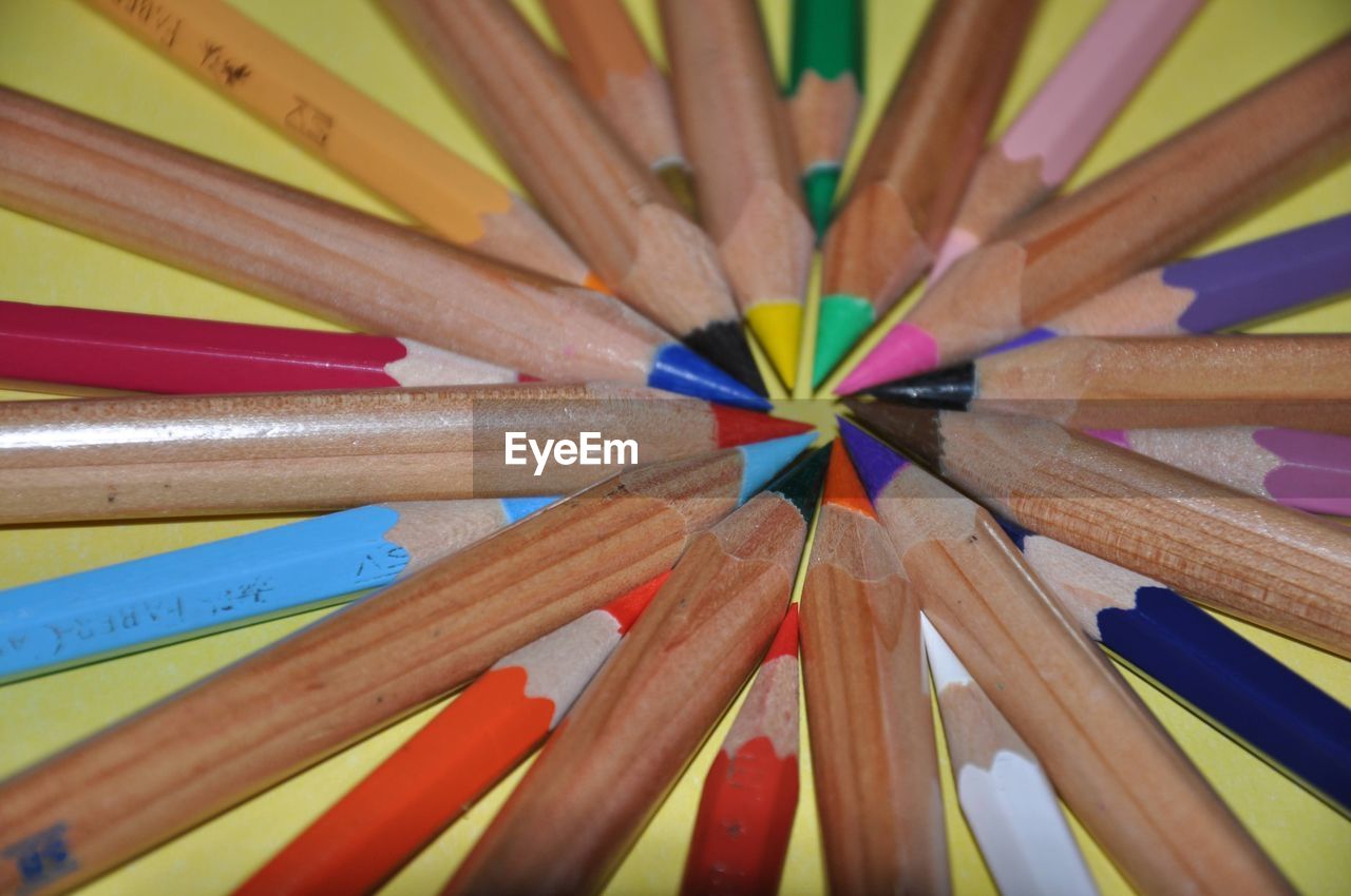 high angle view of colored pencils