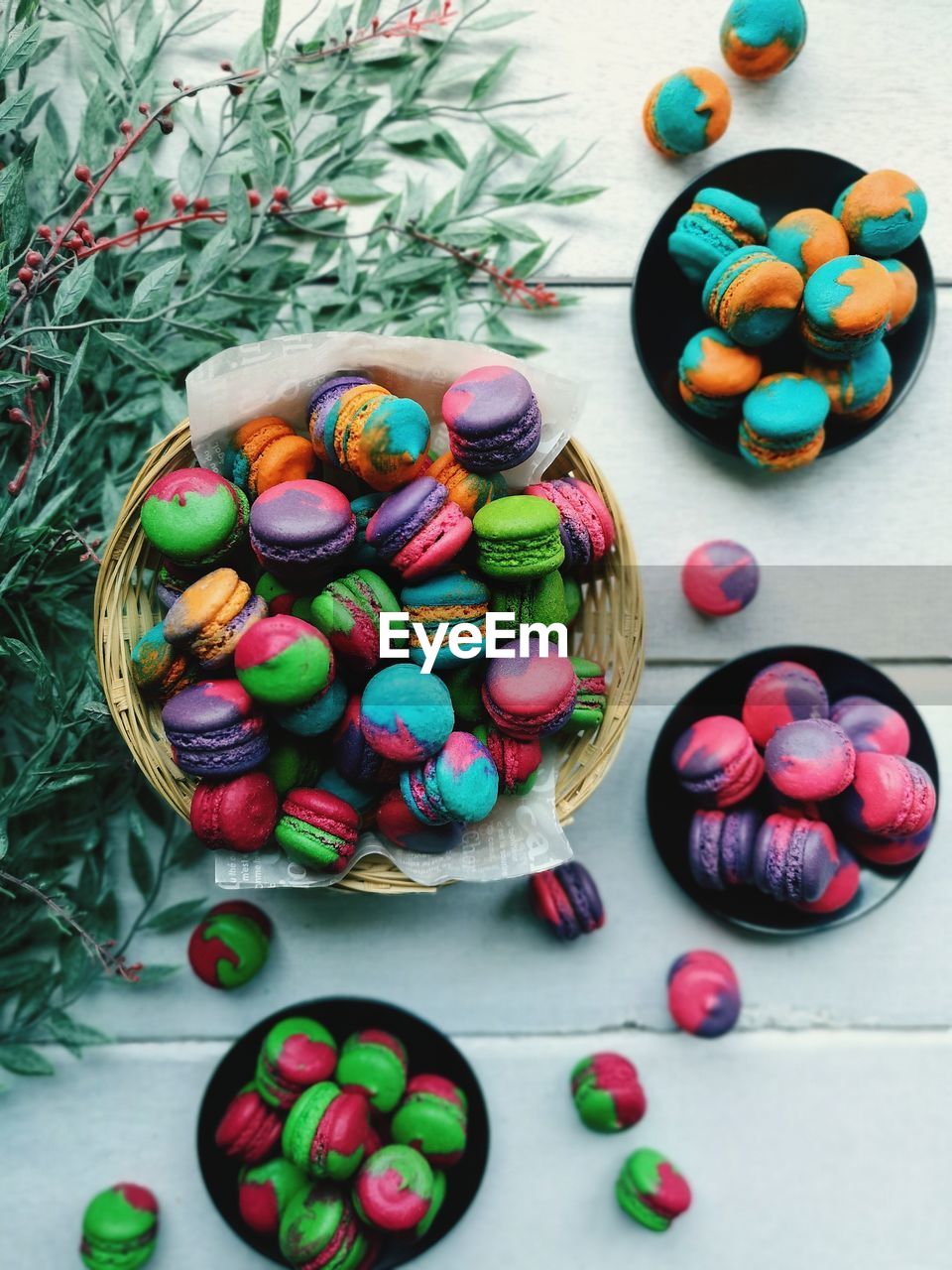 Directly above view of colorful macaroons on table