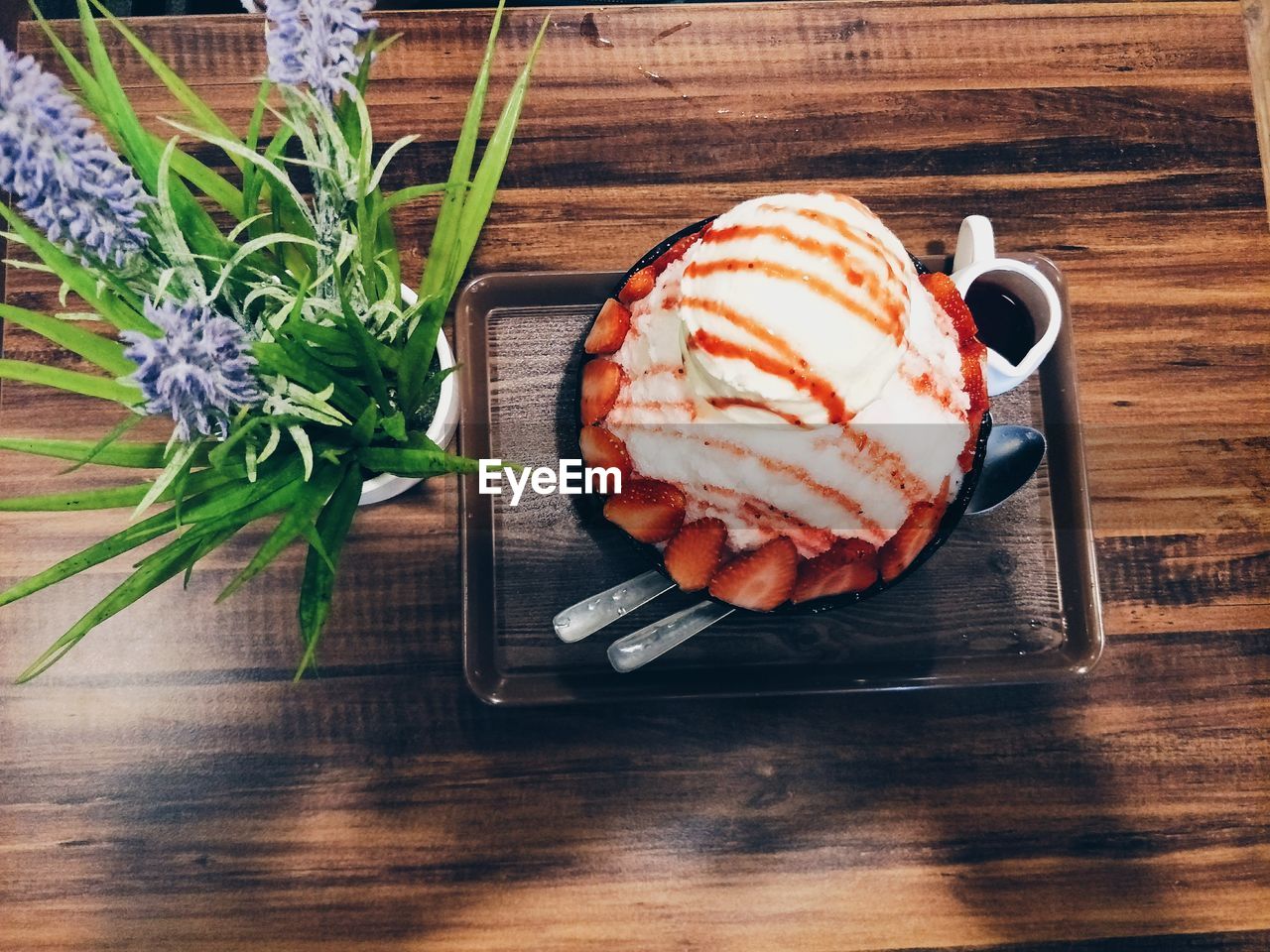 High angle view of dessert on table