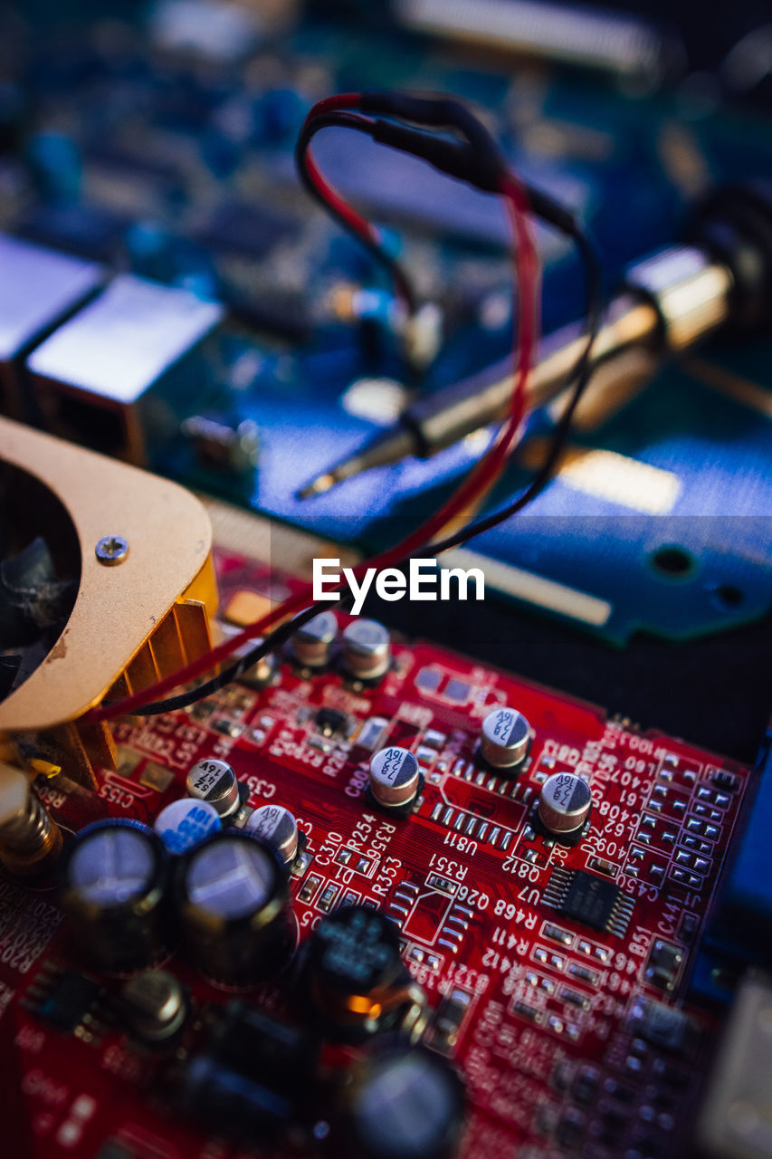 Close-up of computer parts on table