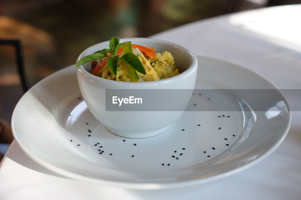 High angle view of food served on table