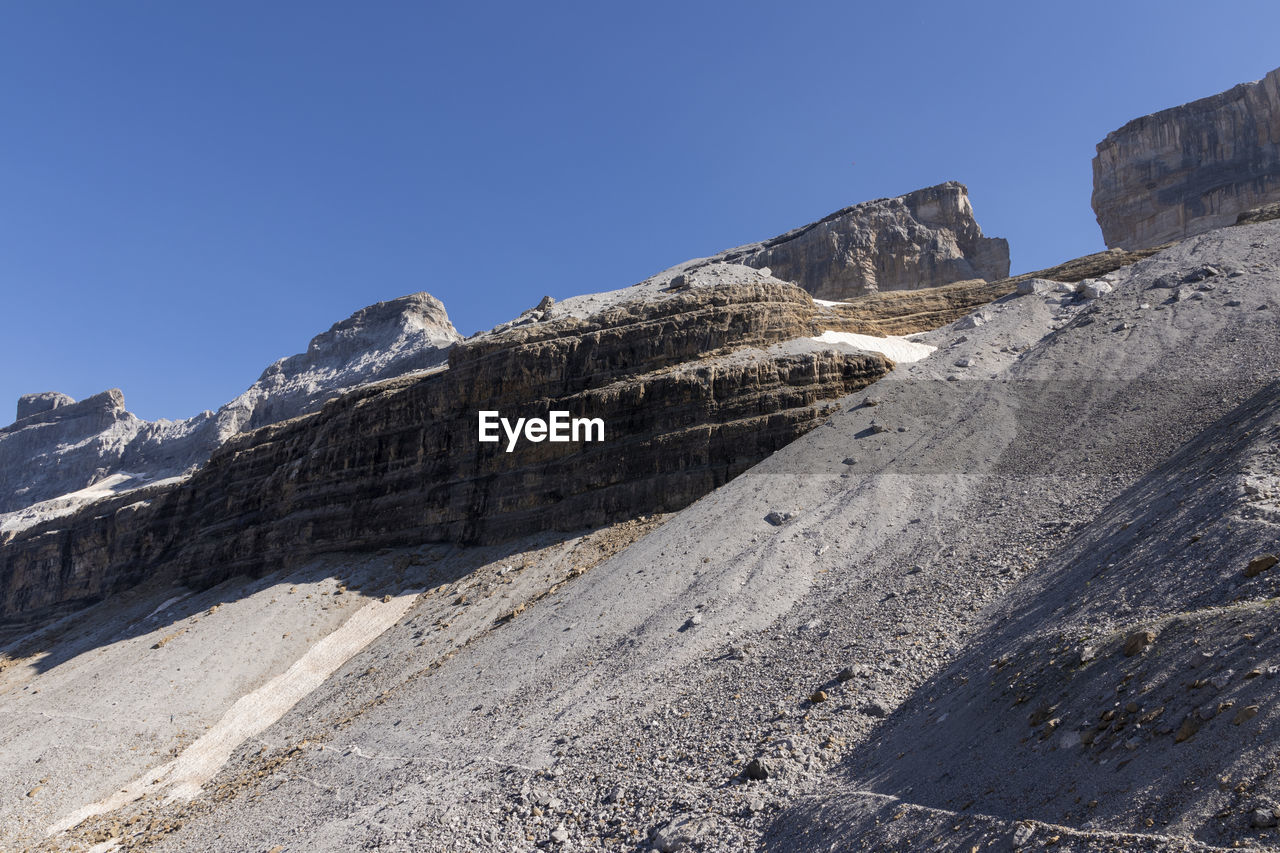 Low angle view of mountain against clear blue sky