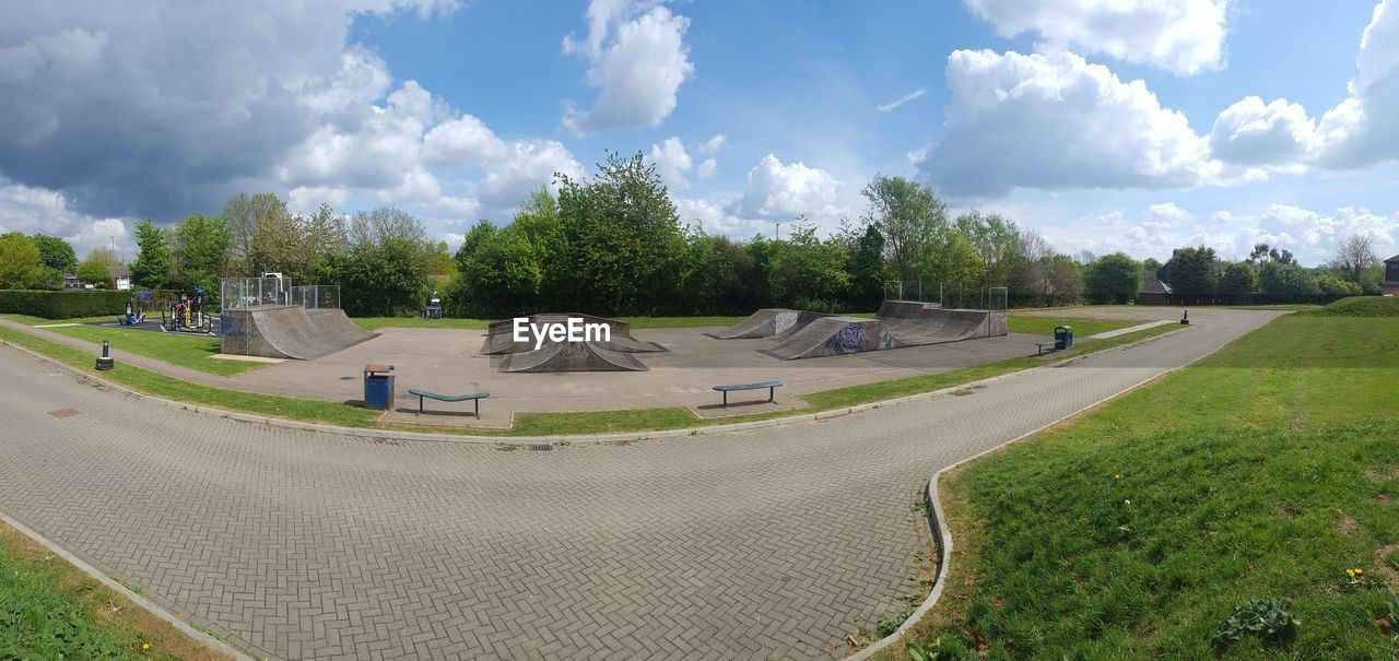 PANORAMIC VIEW OF TREES ON GRASS AGAINST SKY