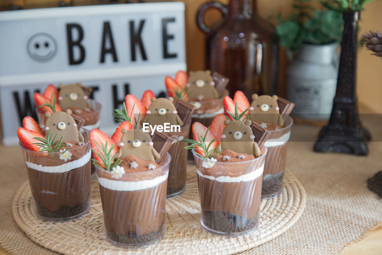 Close-up of dessert served on table