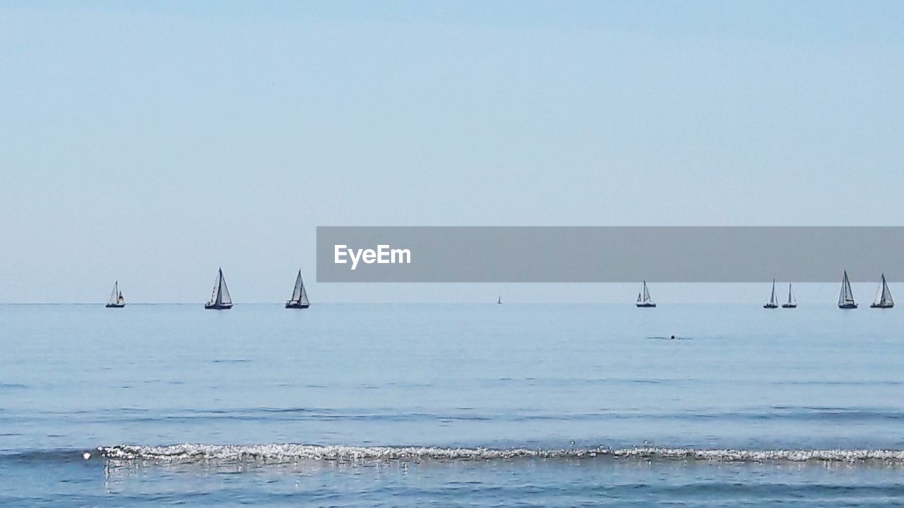 SAILBOAT SAILING ON SEA AGAINST CLEAR SKY