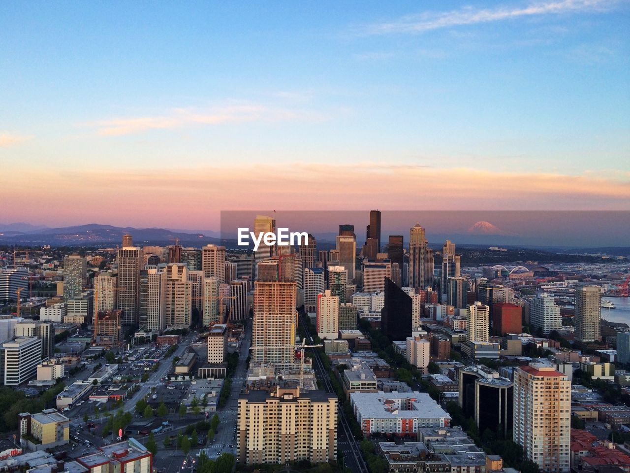 City skyline at sunset