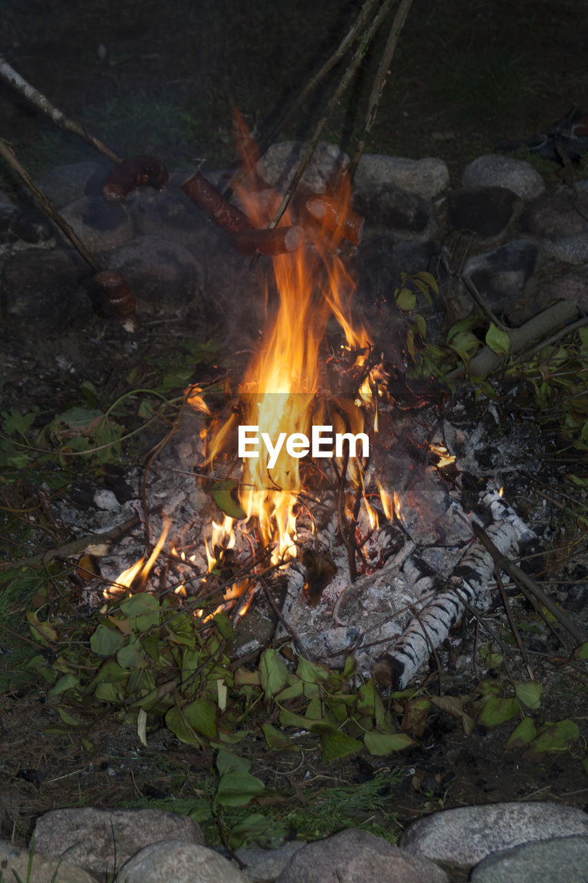 Campfire on field at night