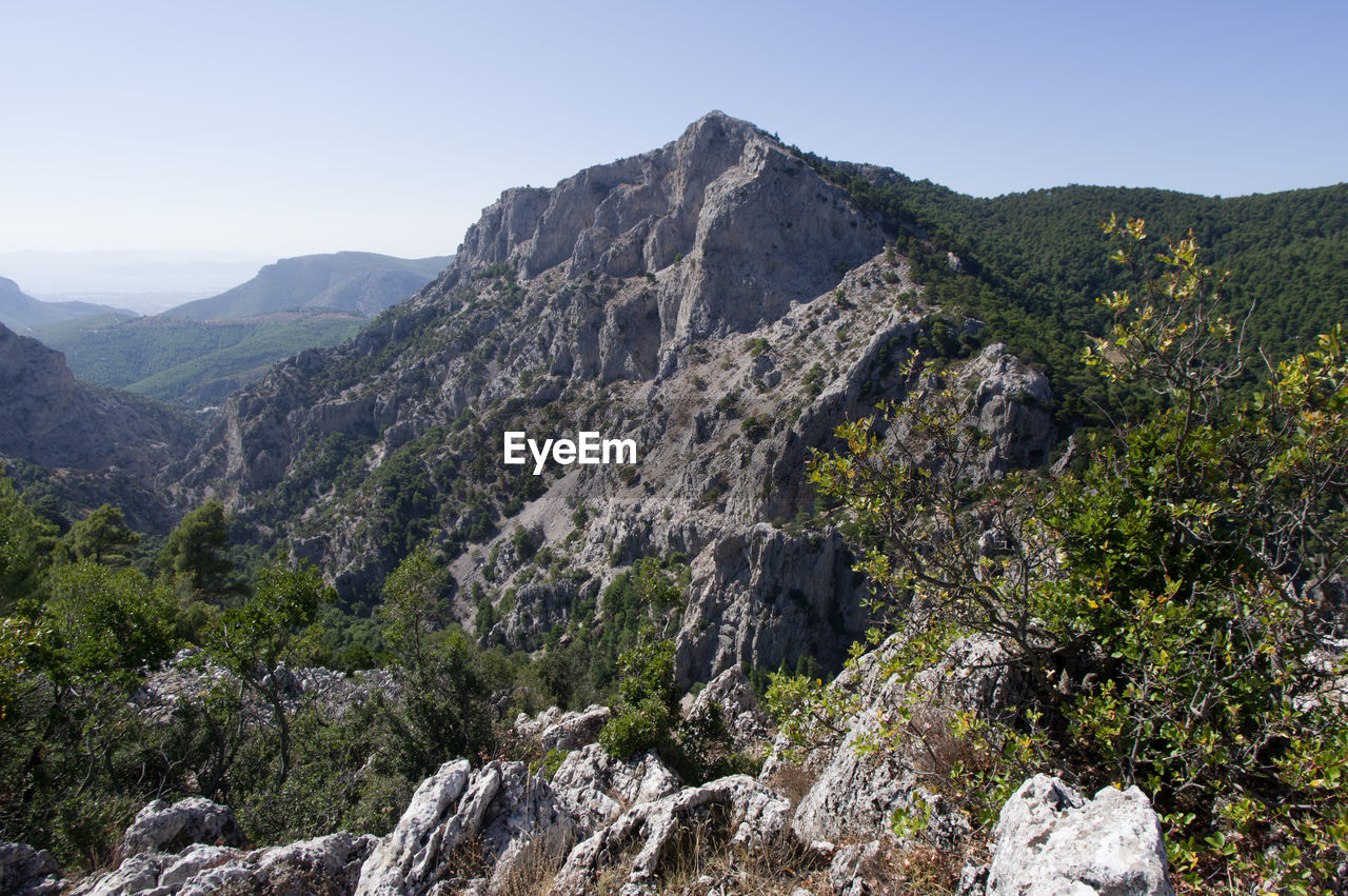 Scenic view of rocky mountains against clear sky