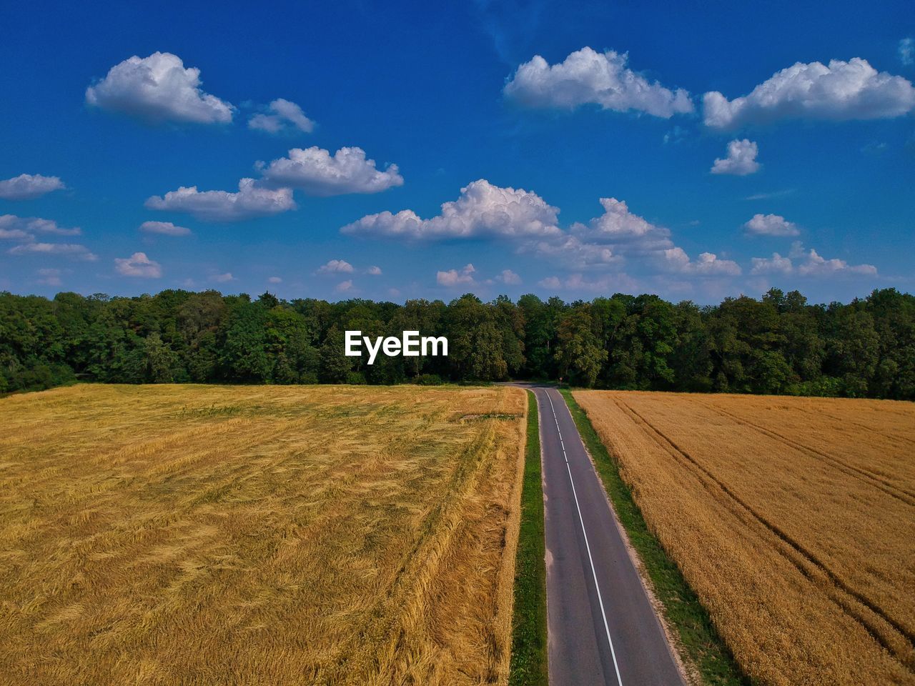 PANORAMIC VIEW OF ROAD AMIDST FIELD AGAINST SKY