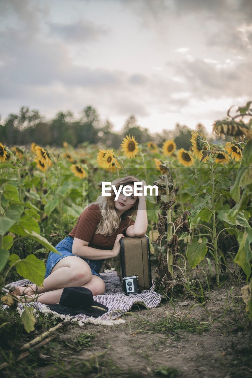 Portrait of young woman sitting on field amidst flowers during sunset