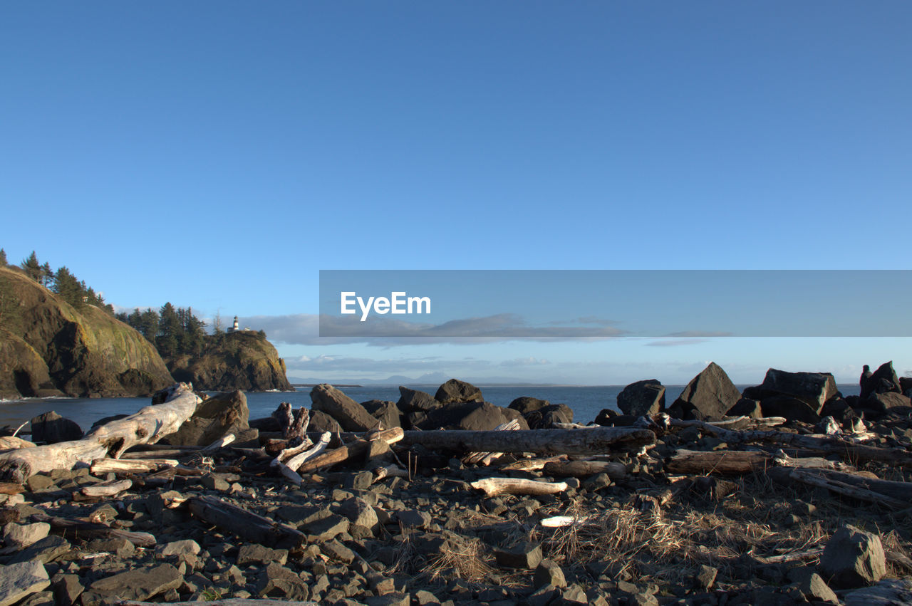 Panoramic view of beach against clear blue sky