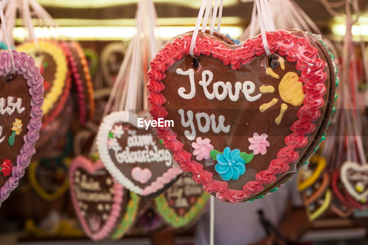 Close-up of heart shape gingerbread candies at market for sale