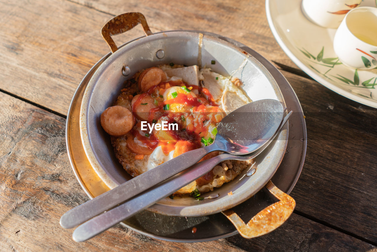 High angle view of breakfast served on table