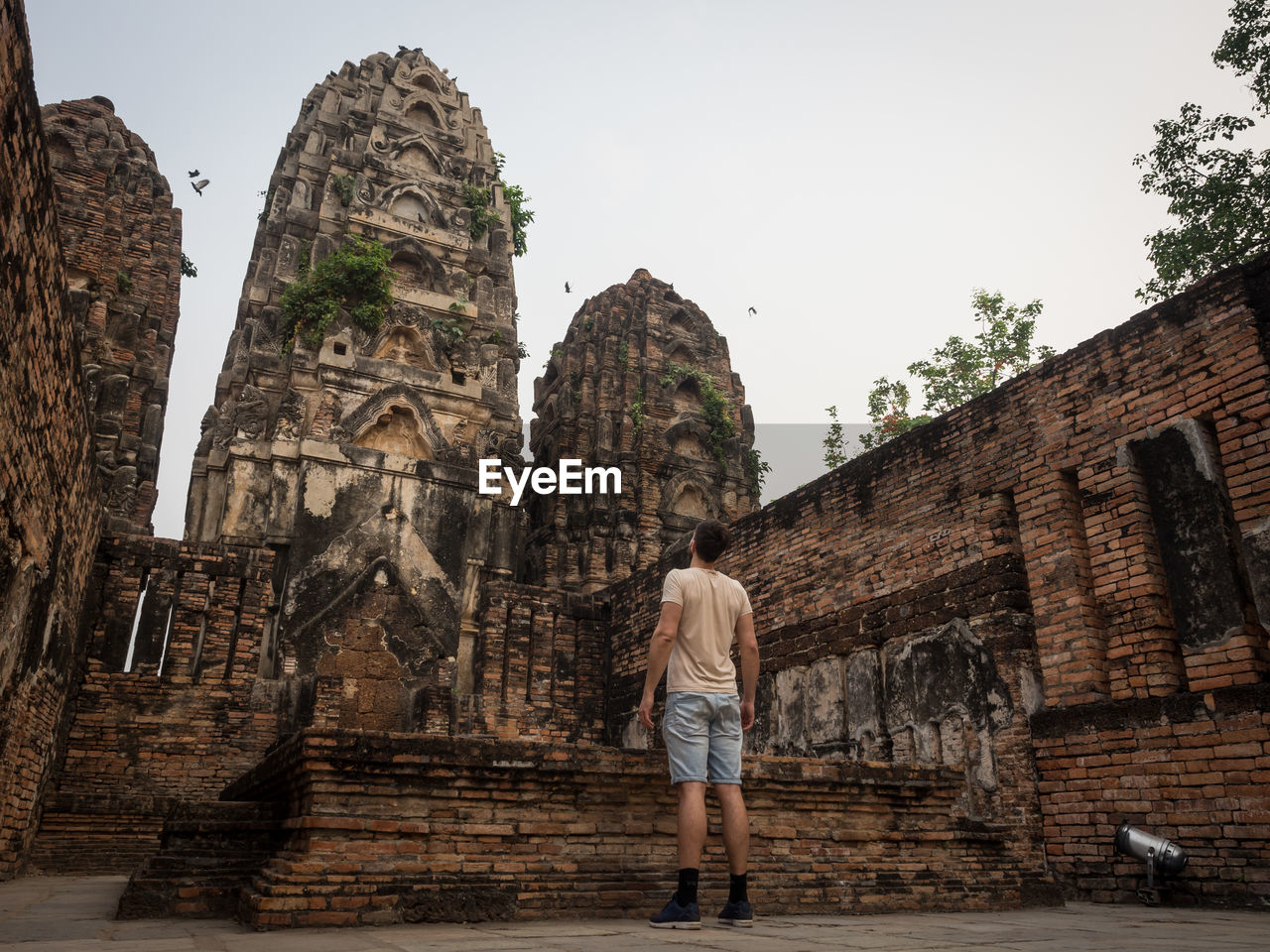 Rear view of a man standing in front of temple, sukhothai, thailand
