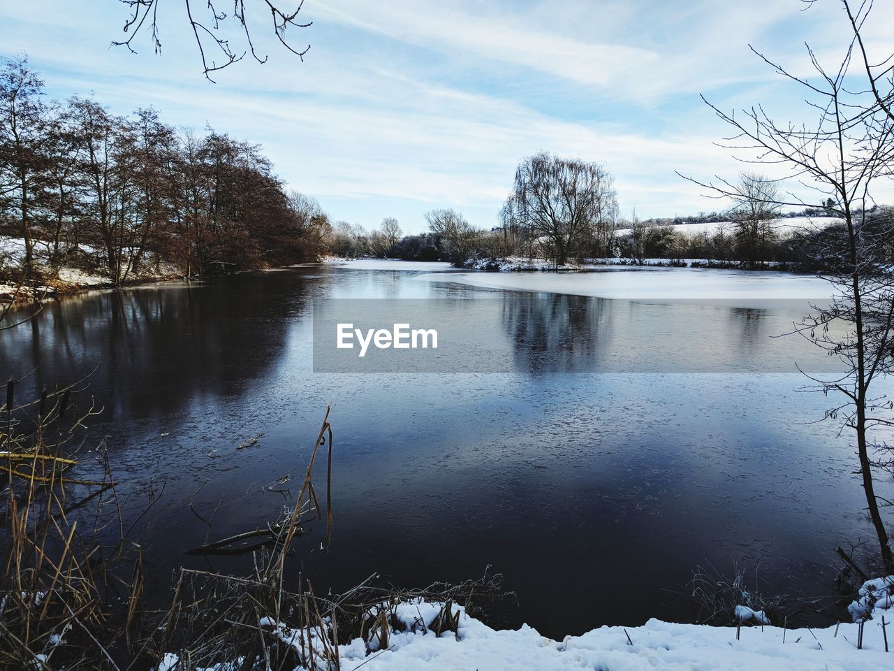 SCENIC VIEW OF LAKE AGAINST SKY DURING WINTER