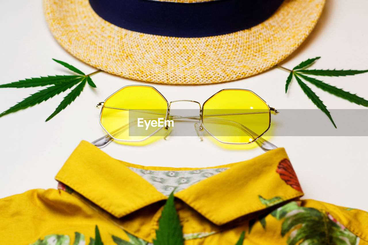 Yellow sunglasses, hat, marijuana leaves, yellow shirt - assembled in the form of a portrait of 