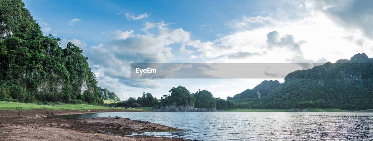 Panorama of mountain, water and sand in the area of the corry valley reservoir, kanchanaburi