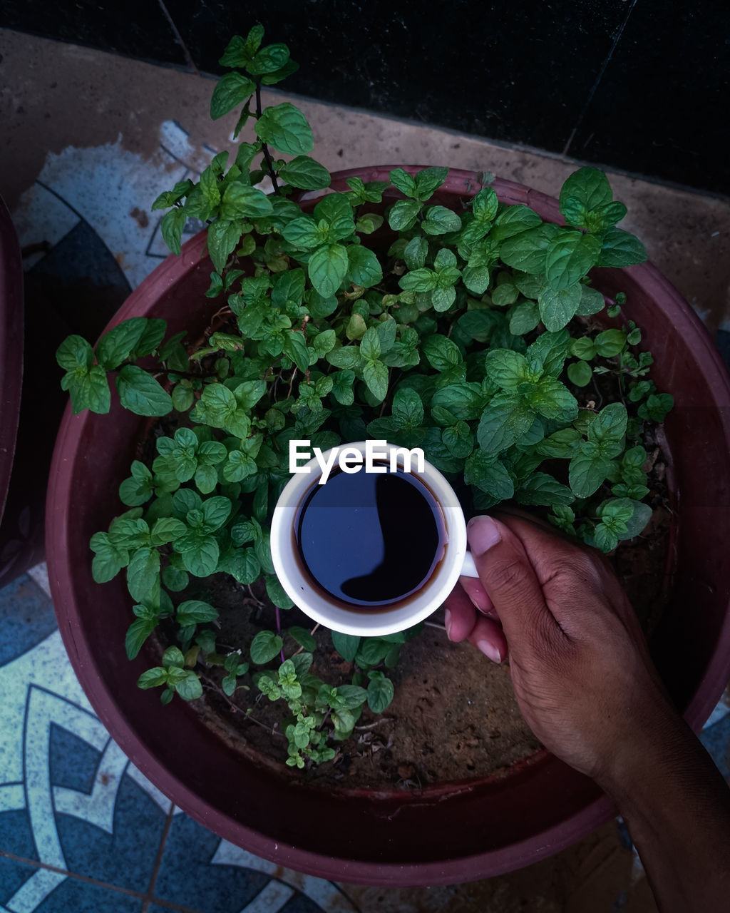 High angle view of hand holding coffee cup