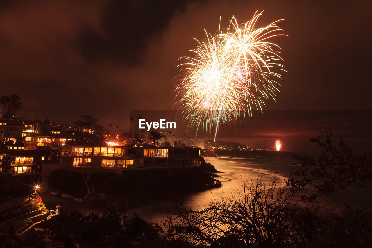 Firework display at night in laguna beach, california