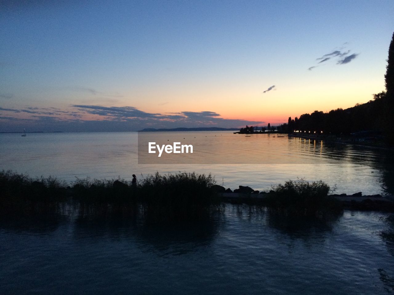 Scenic view of silhouette plants in lake balaton against sunset sky