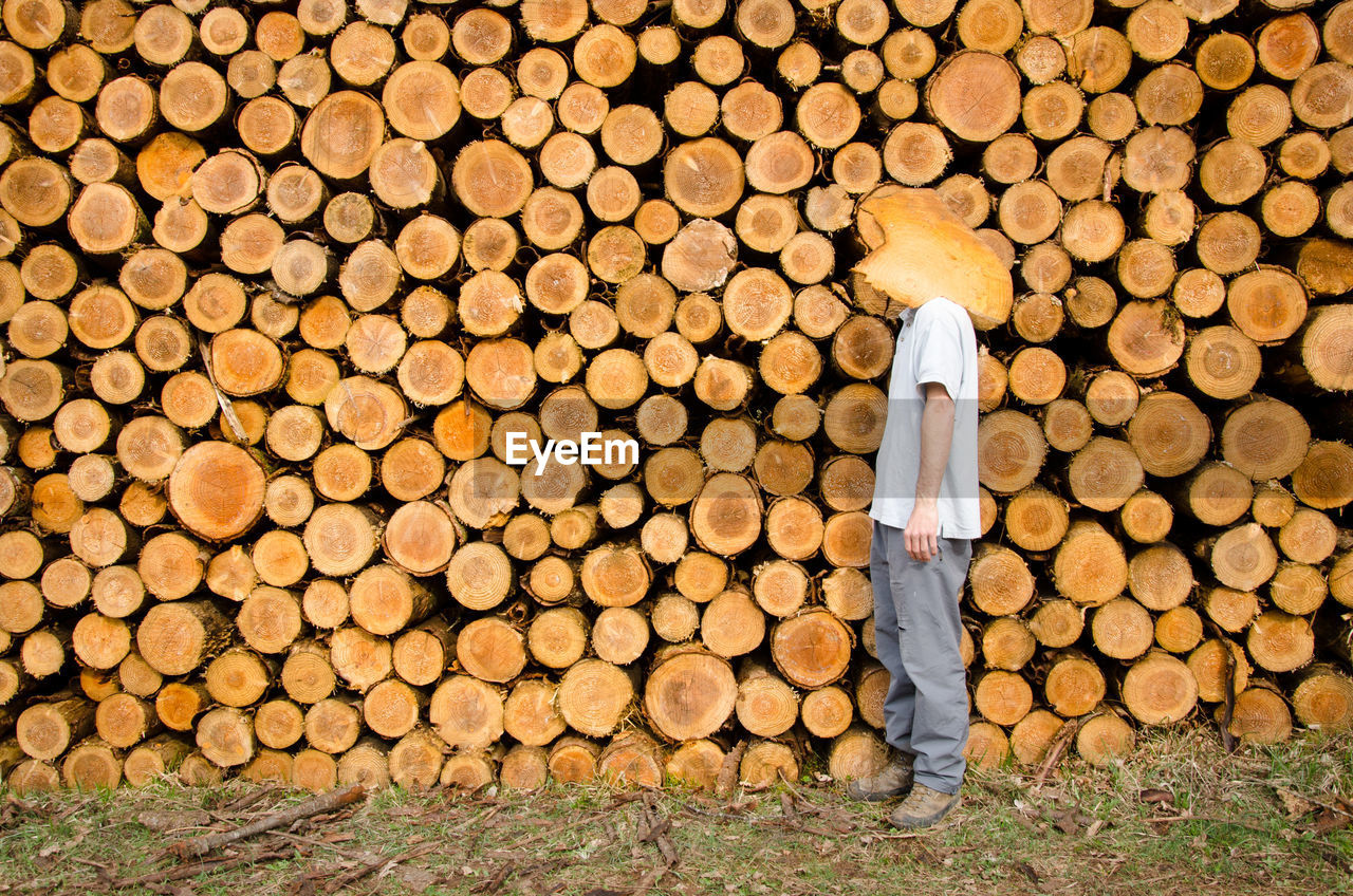 Side view of man standing against log stacks
