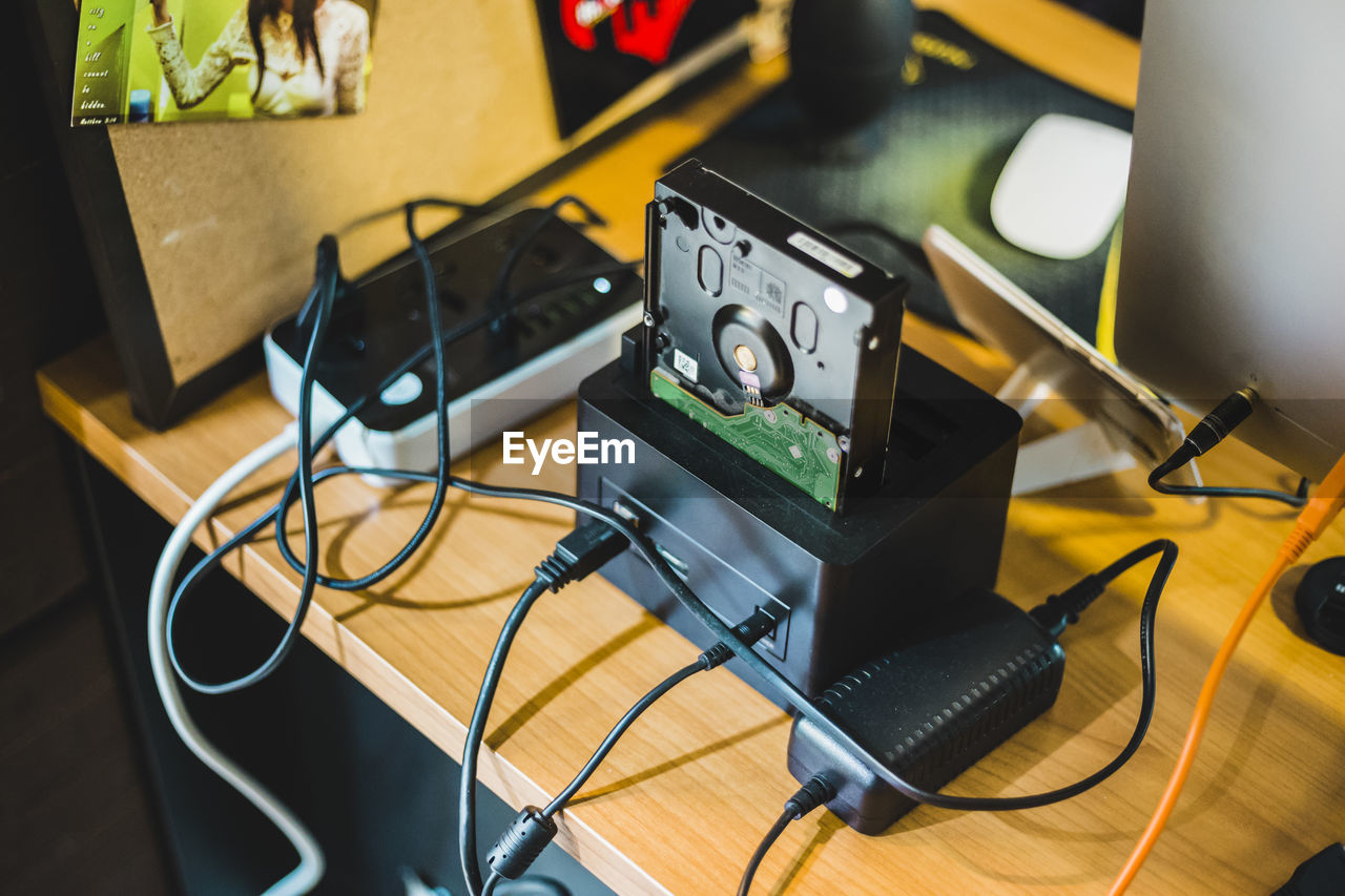 High angle view of computer parts on table