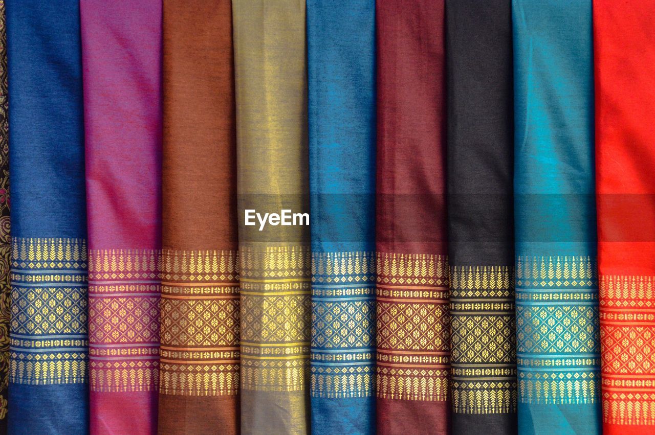 Full frame shot of multi colored laotian silks in store