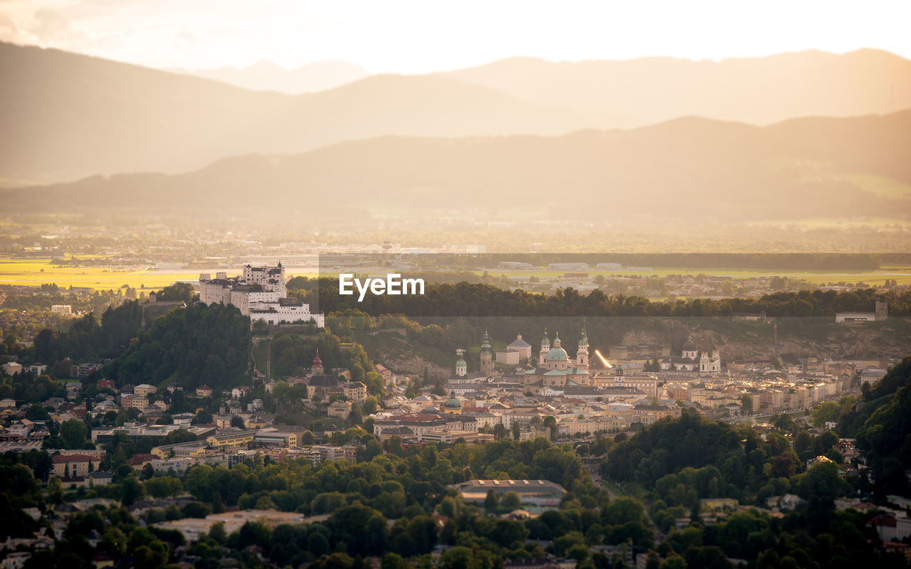 High angle view of the city of salzburg against sky