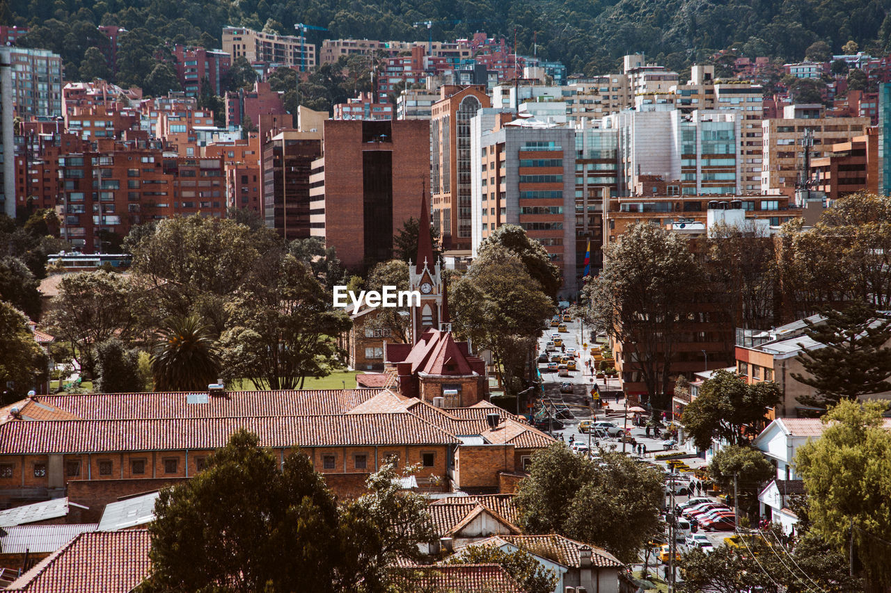 High angle view of trees and buildings in city