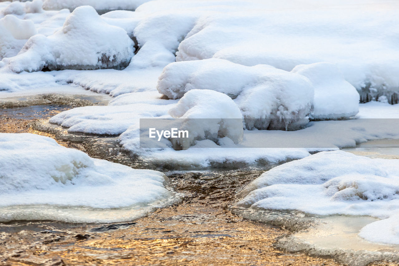 Frozen river with open water between ice floes