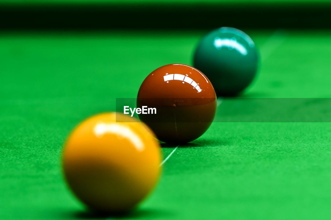 high angle view of pool balls on table