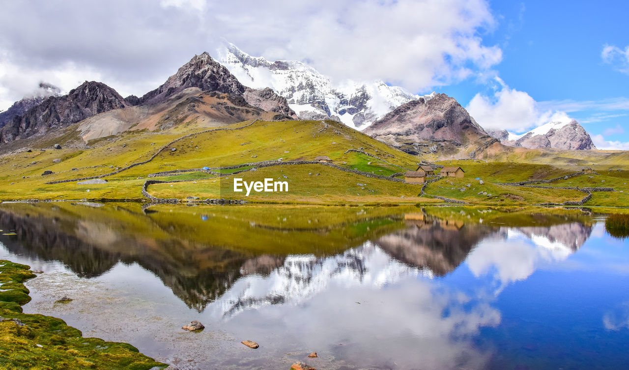 Scenic view of lake and mountains against sky