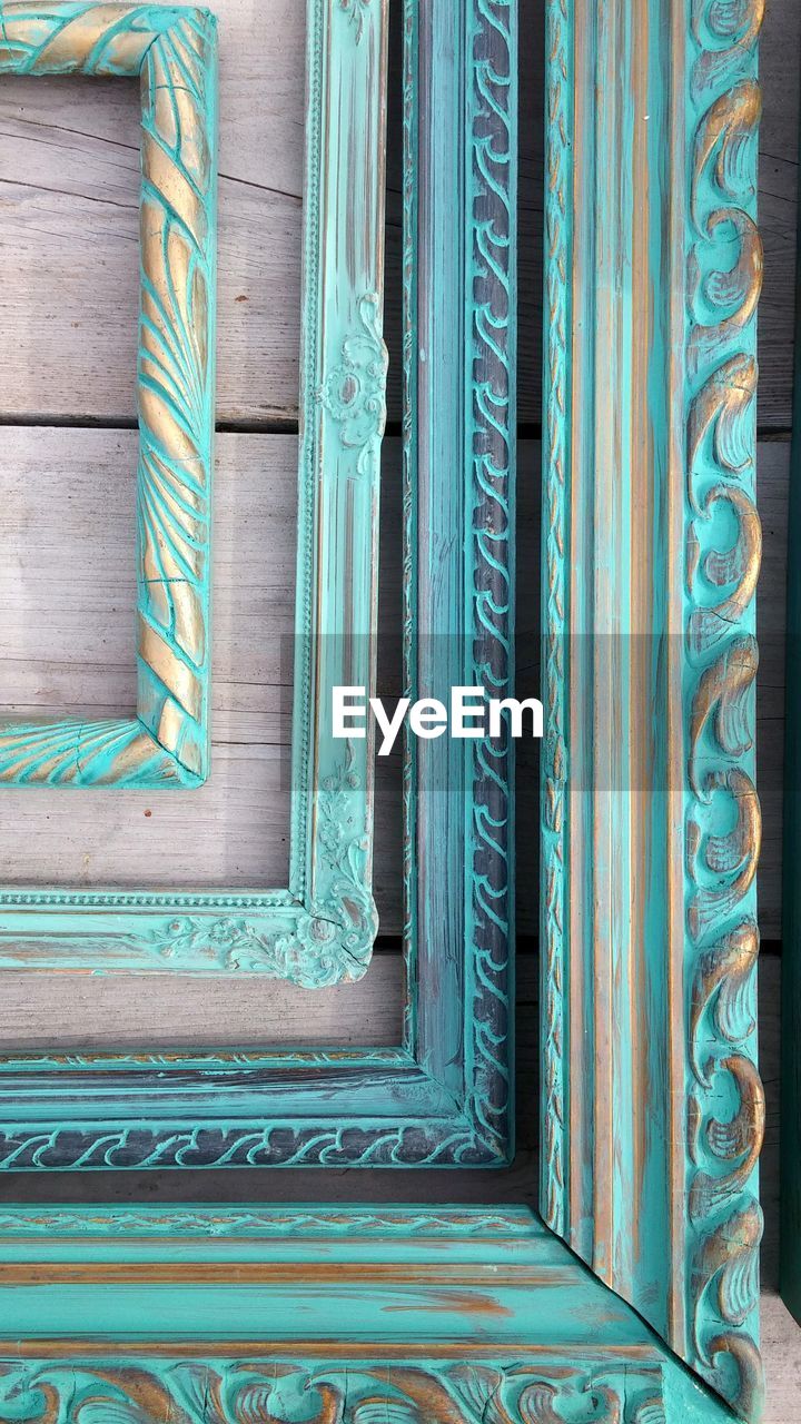 Close-up of wooden frame on wall