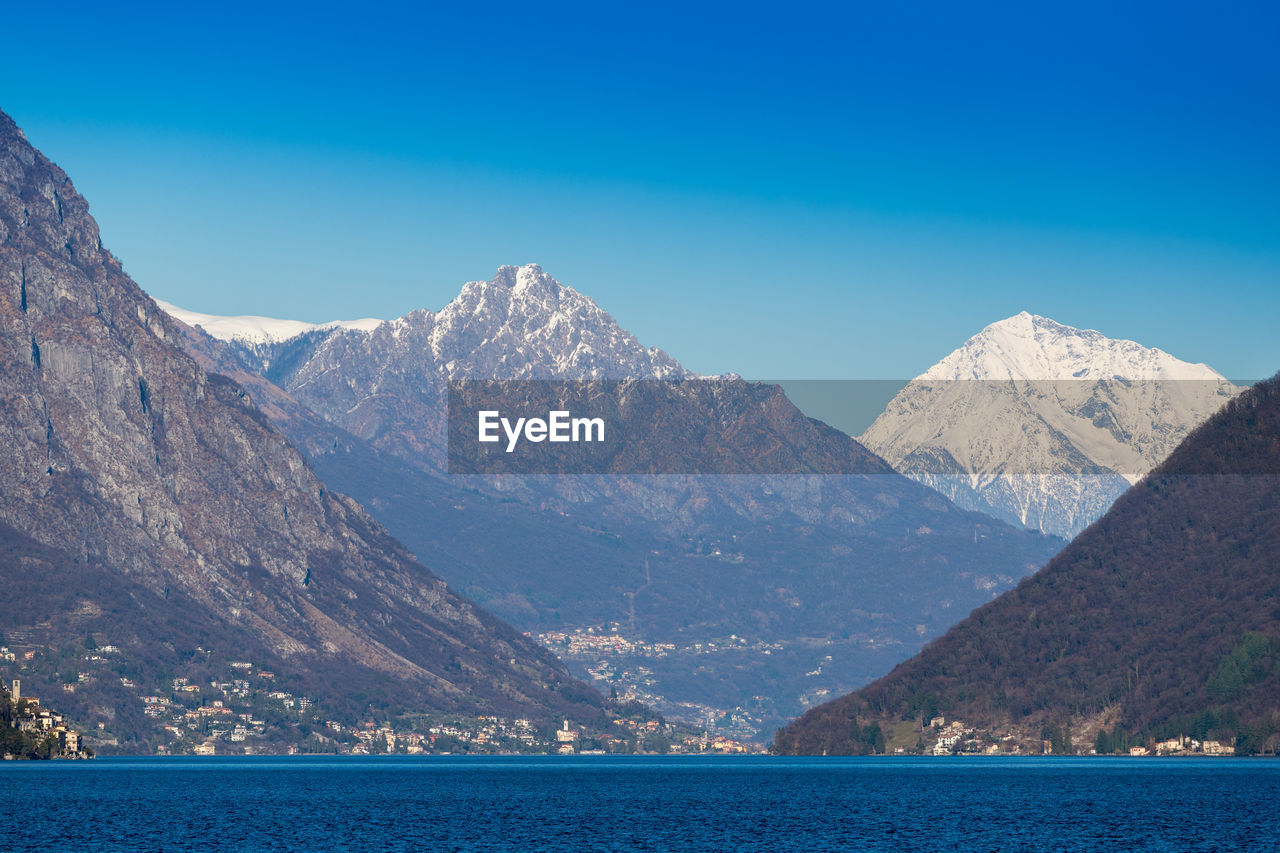 Scenic view of lake by mountains against clear sky