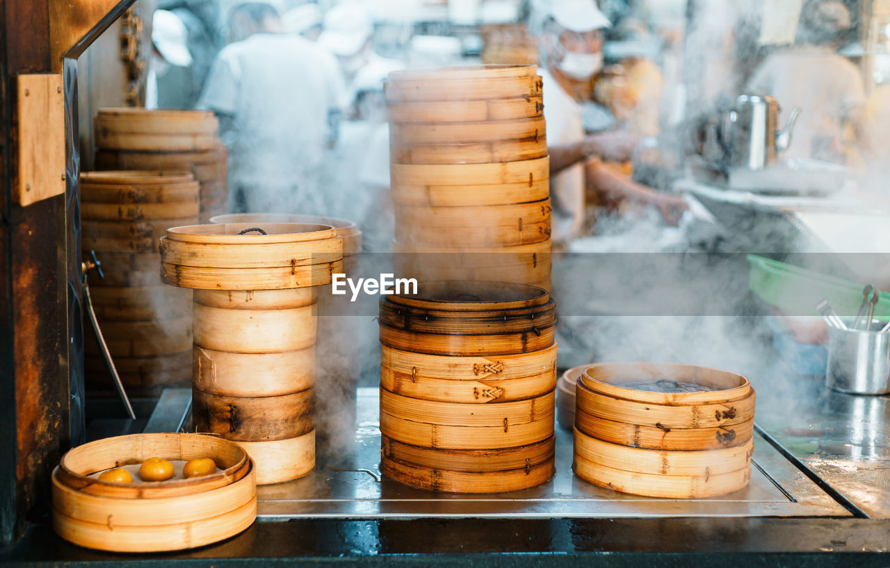 Close-up of food in wooden box on table