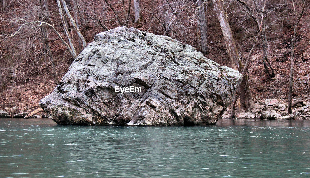 Rock formation amidst lake against bare trees in forest