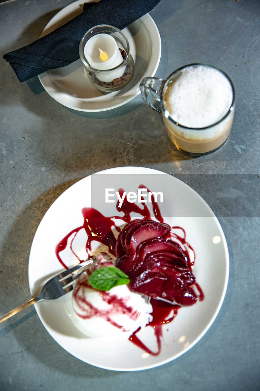 High angle view of food in plate on table