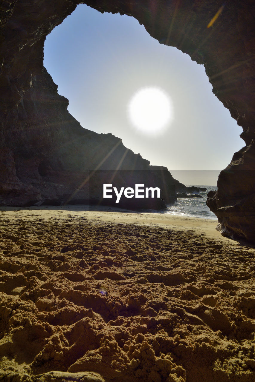 Scenic view of sea against sky in a cave