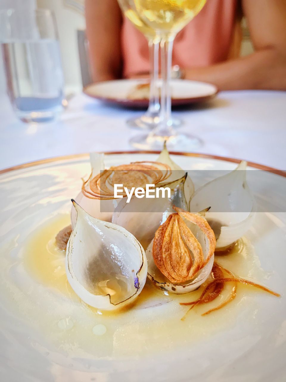 High angle view of food served on table